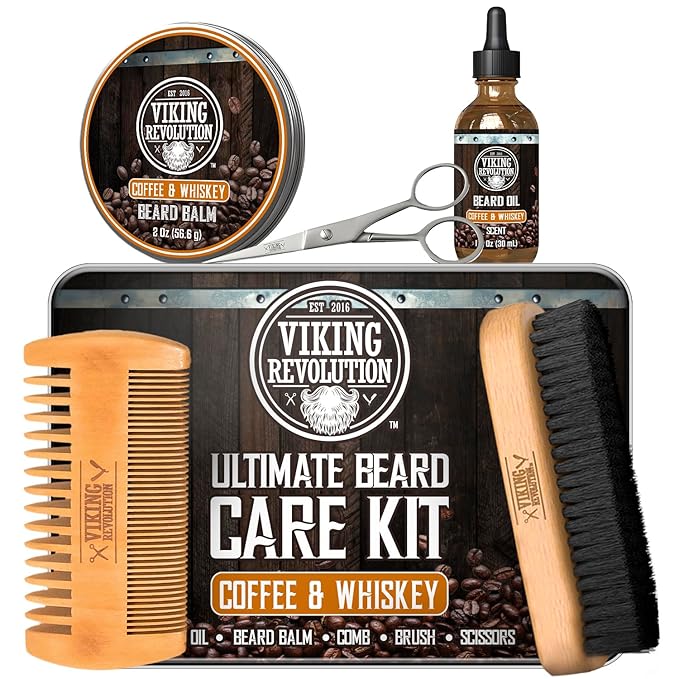 Viking Revolution - Ultimate Beard Kit Coffee and Whiskey - Beard Grooming Kit for Men with Beard Brush Beard Comb Beard Balm Beard Oil Beard and Moustache Scissors - Husband Gifts for Men