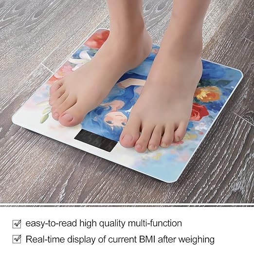 Blue Girl and Flowers Weight ScaleClear LED Display Bathroom Digital Weighing ScaleTempered Glass Digital Bathroom Scale for Body Weight Capacity Up to 400 Lbs