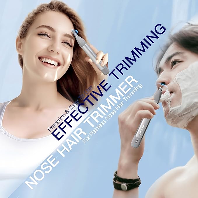 Nose Hair Trimmer for Men Women 2in1 Facial Hair Removal Trimmer - Metal Body Rechargeable Waterproof Portable - Nose Ear Eyebrow Peach-Fuzz Lips Chin (Silver)