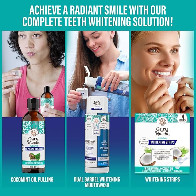 GuruNanda Total Smile Makeover Kit Regular with Cocomint Oil Pulling Dual Barrel Whitening Mouthwash Whitening Strips &amp Butter on Gums Toothbrushes