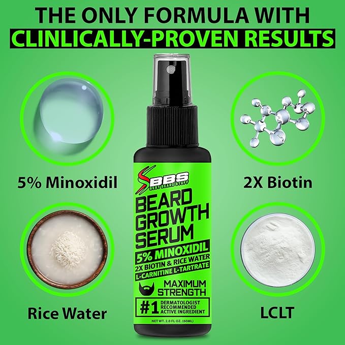 Minoxidil for Beard Growth – 5% Serum with 2X Biotin &amp Rice Water Promotes Thicker Fuller Facial Hair Ideal for Patchy Areas Revitalizes Follicles (Pack of 2)