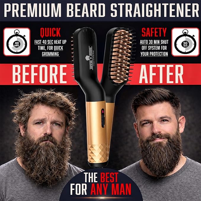Beard Straightener Grooming Kit for Men Beard Growth Kit Wash Brush &amp Comb Unscented Growth Oil All Natural Sandalwood Balm Conditioner Razor &amp Scissors Great Gift Idea for Men's (Bamb