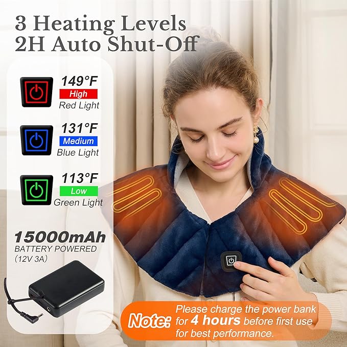 Portable Cordless Heating Pad for Neck Shoulders &amp Back - Rechargeable Battery Operated Heating Pad with 3 Heat Settings Birthday Gift for Women Weighted Neck Warmer for Pain Relief (Navy Blue)
