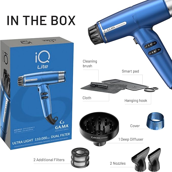 GA.MA iQ LITE Perfetto Hair Dryer with 110000 RPM Intelligent Brushless Motor Dual Filter Oxy-Active Technology Blue
