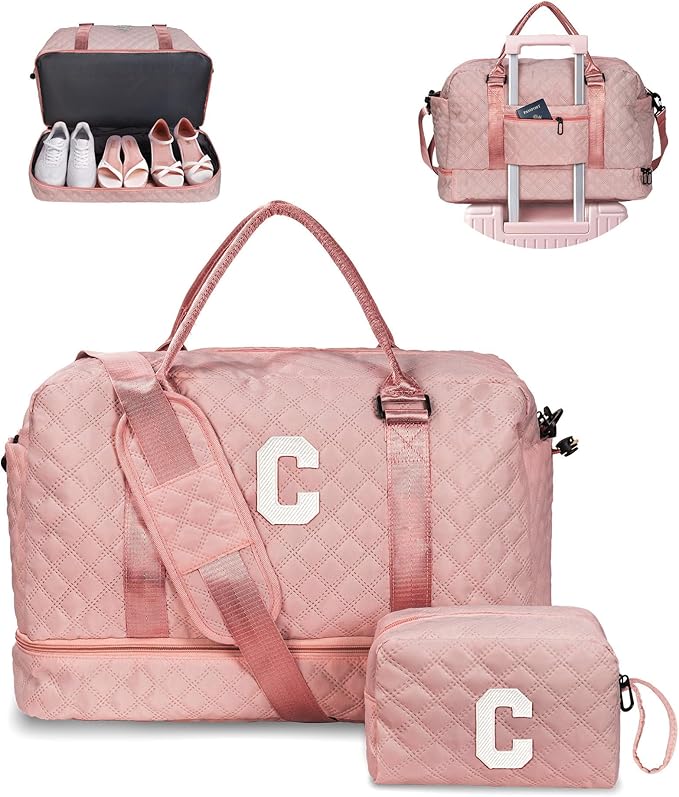 Birthday Gifts-for Women-Initial Duffle Bag with Shoe Compartment Personalized Weekender Bag Monogram Overnight Bag Letter Travel Bag with Makeup BagFriend Wife Birthday Gift (Letter C)
