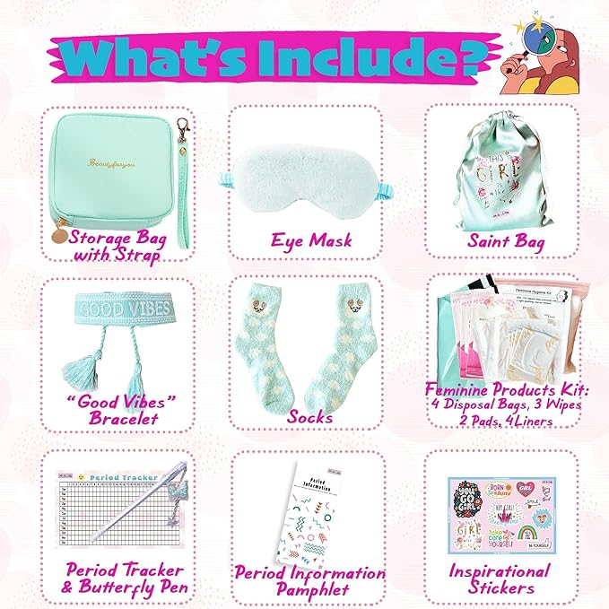 First Period kit for Girls | 22 PC Period Packs for Young Girls First Time | First Period Gift for Teen Girls with Sanitary Pad Storage Bag Wipes Bracelet Eye Mask Socks and More(Mint)