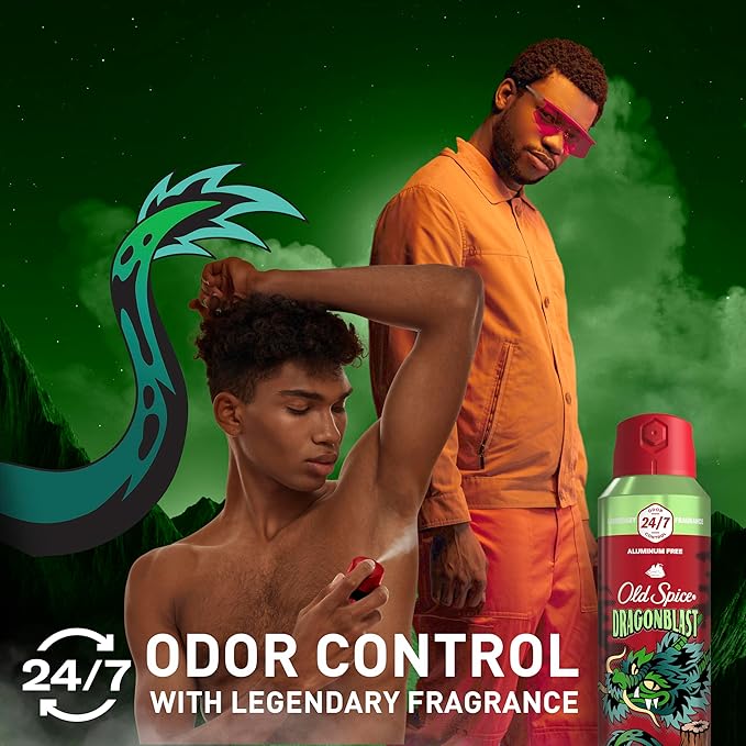 Old Spice Aluminum Free Body Spray for Men 24/7 Odor Protection 24/7 Lasting Fragnance &amp Freshness Cologne Quality Scent Dragonblast with Warm Woodsy Scent 5.1 oz (Pack of 3)