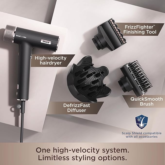 Shark SpeedStyle Pro Professional Performance High-Velocity Hair Dryer System with Scalp Shield and IQ Speed Styling &amp Drying Suite Curly and Coily Hair Lightweight Ionic No Heat Damage HD732
