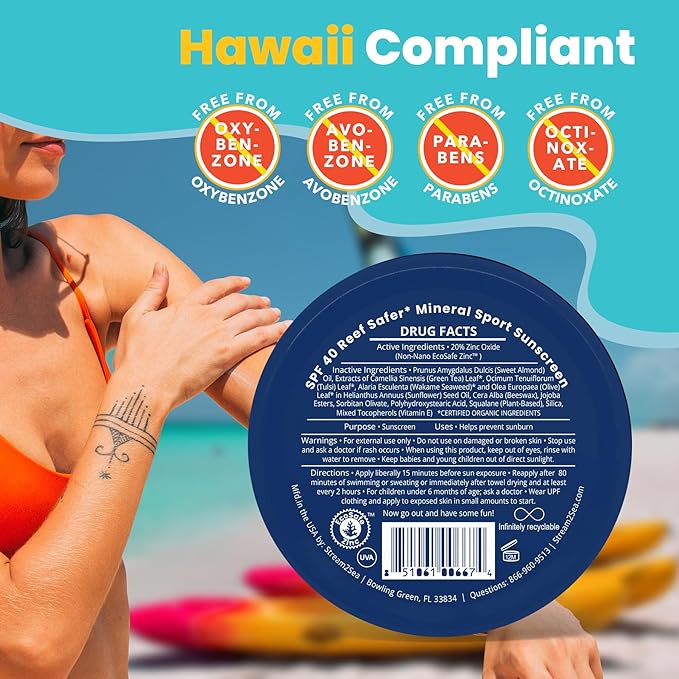 STREAM2SEA SPF40 Unscented Mineral Sport Sunscreen in Tin with EcoSafe Zinc for Face &amp Body Natural Organic Biodegradable Coral Reef Safe Sunscreen Travel Size Mineral Based 2 Pack