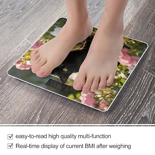 Black Cat in Flower Garden Weight ScaleClear LED Display Bathroom Digital Weighing ScaleTempered Glass Digital Bathroom Scale for Body Weight Capacity Up to 400 Lbs