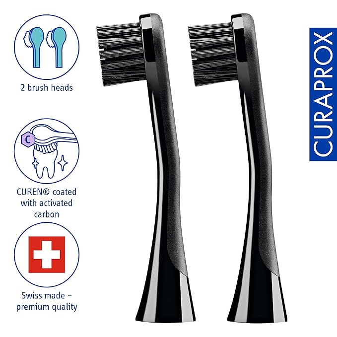 Curaprox Hydrosonic Brush Heads Black is White Carbon Duo – for Effective Plaque Removal &amp Whitening | Sonic Toothbrush Replacement Heads 2-Pack | Swiss Made