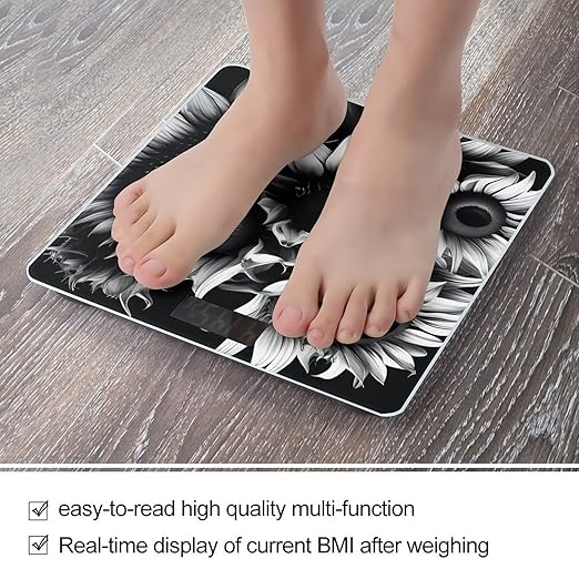 Digital Bathroom Scale for Body Weight Scale with Bright LCD Display High Accuracy Step-On Technology Auto On/Off Black and White Sunflowers Digital Scales 400 Lbs /180kg