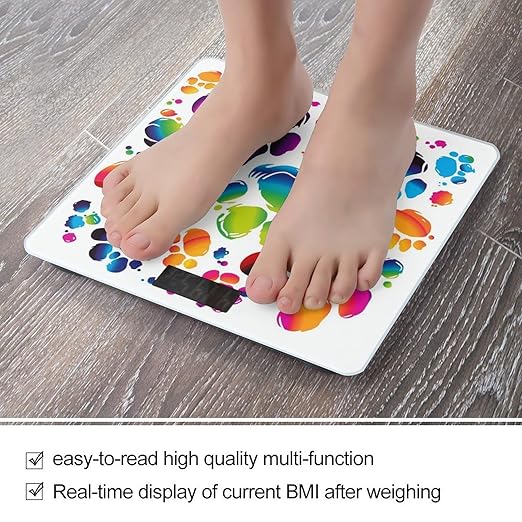 Colorful Dog Paw Print Scale for Body Weight Safe Rounded Corners Tempered Glass Digital Bathroom Scale LED Display 400lb Capacity Weight Scales with High Precision Sensors