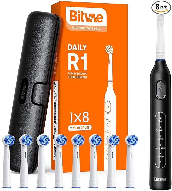 Bitvae R1 Rotating Electric Toothbrush with 8 Brush Heads for Adults and Kids 60-Day Battery Life 5 Modes Rechargeable Power Toothbrush with 2-Minute Smart Timer Black