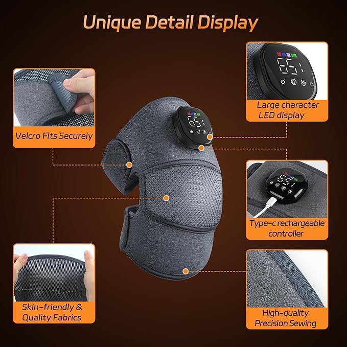 Knee Massager with Heat and Vibration Cordless Heating Pad for Knee 3-in-1 Massager for Knee Shoulder Elbow Portable Washable Heated Knee Brace for Arthritis with 2 Extension Straps