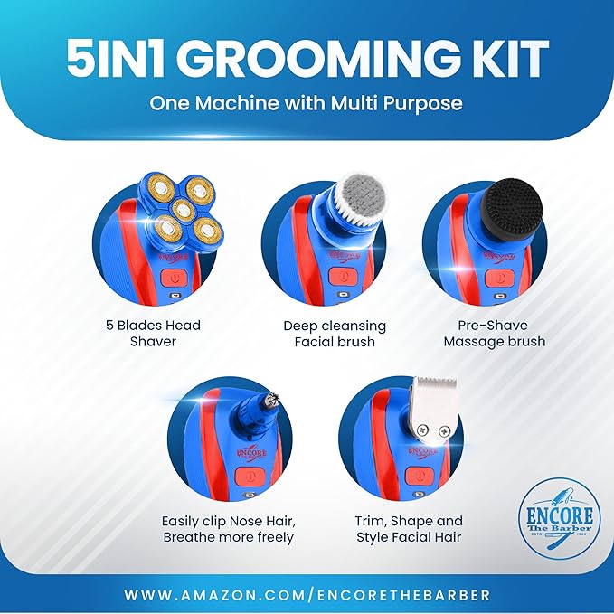 360 Bald Head Shaver 5 in 1 Attachments Grooming Kit Rechargeable Electric Hair Shaver Wet Or Dry with Pop-up Beard Moustache Trimmer Barber Grade
