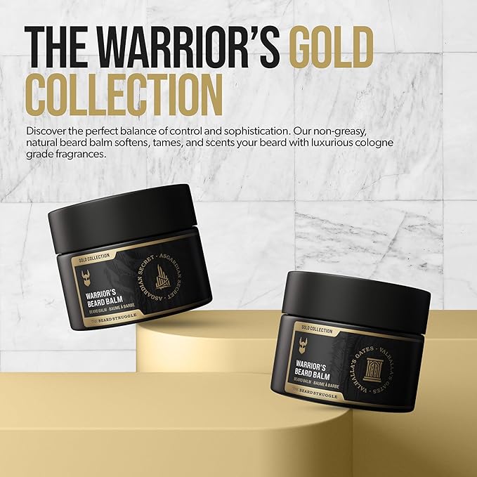 The Beard Struggle Warrior’s Beard Balm - Gold Collection Asgardian Secret - Non-Greasy Low-Hold Formula Luxurious Cologne-Grade Fragrances 100% Natural and Plant-Based Ingredients - 50g
