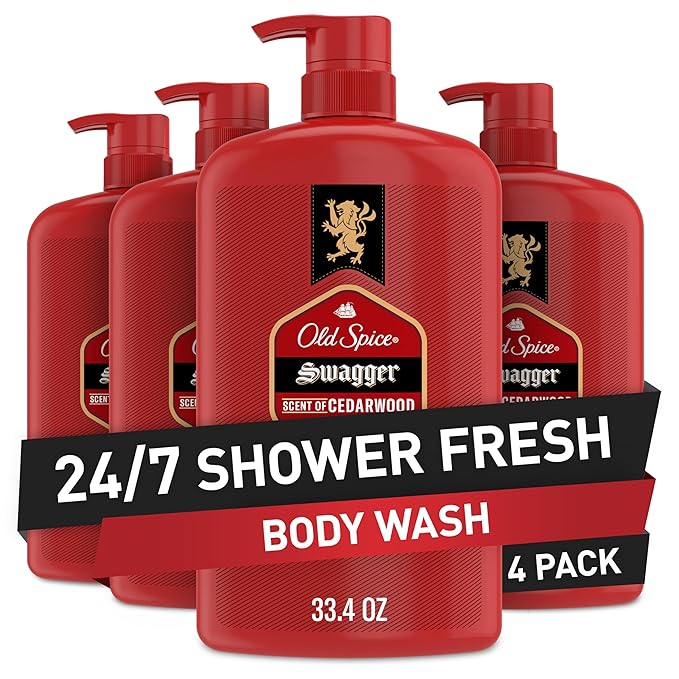 Old Spice Body Wash for Men Refreshing 3X Defense 24/7 Shower Fresh with Long Lasting Scent Red Collection Swagger with Cedarwood Scent 33.4 oz (Pack of 4)