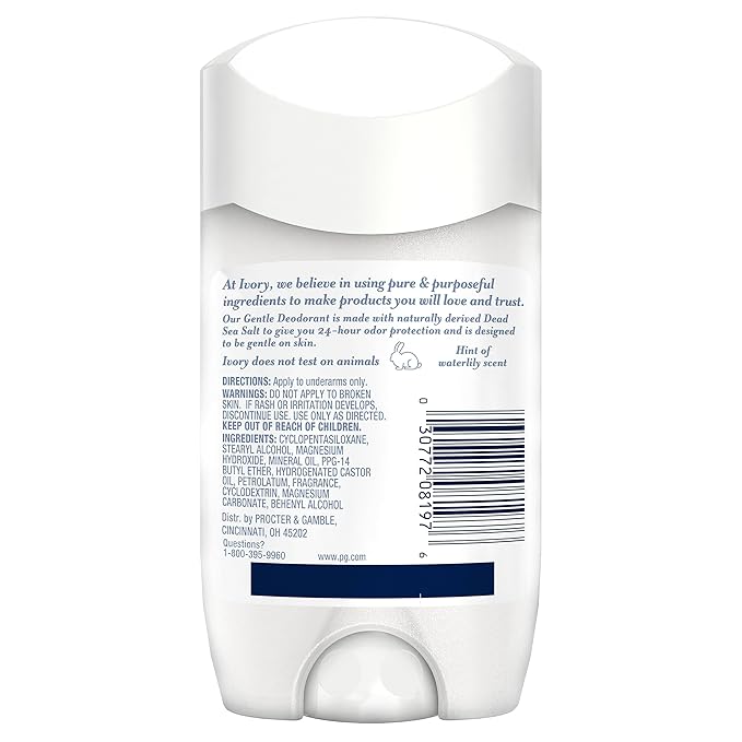 Ivory Aluminum Free Deodorant Hint of Waterlily 24hr Gentle Deodorant Dermatologist Tested Gentle on Skin Baking Soda Free Paraben Free 2.4oz (Pack of 6)