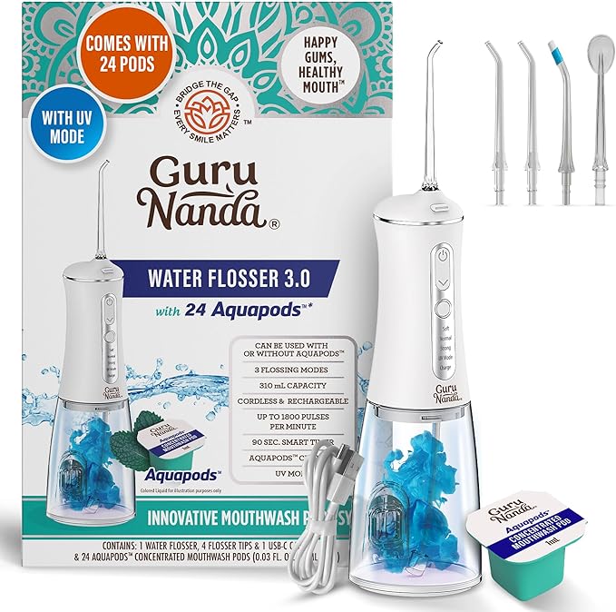GuruNanda Advanced Dental Water Flosser 3.0 with UV Mode Water Flosser &amp 24 Aquapods with Mouthwash for Fresh Breath &amp Plaque Removal Compact &amp TSA-Friendly