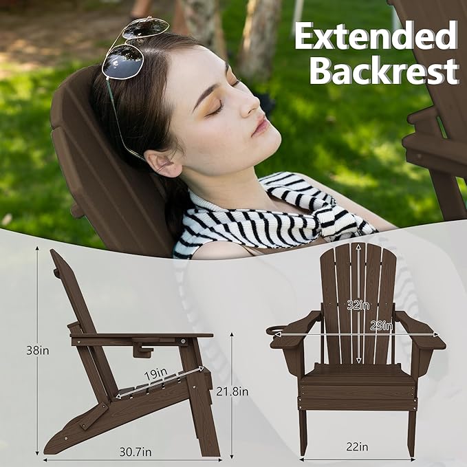 Plawdlik Folding Adirondack Chair SGS Tested Wooden Textured with Cup Holder Heavy All-Weather HDPE Comfortable Set Poolside Backyard Lawn Coffee