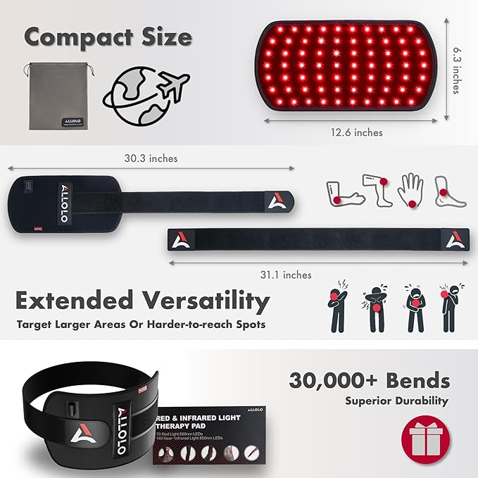 ALLOLO Red Light Therapy for Body 3-in-1 LED Bead Red Light Therapy Belt with Timer Remote Control 12.6*6.3 660nm&amp850nm Infrared Light Therapy for Body Back Waist Shoulder Knee Joint (Corded)