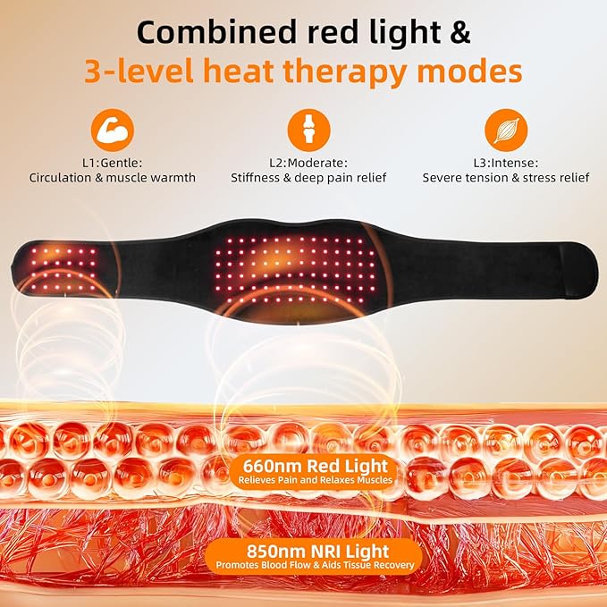 Portable Red Light Therapy Belt for Back Pain &amp Abdomen 5000mAh Cordless with Dual-Zone Control 10/20/30 Min Timer 10Hz Pulse for Muscle Recovery Home Office Use Gift for Parents