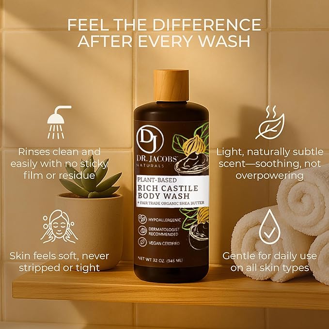 Dr. Jacobs Naturals Castile Shea Butter All-Natural Body Wash for Moisturizing Dry and Sensitive Skin with Plant-Based Ingredients with Pump - 32 Ounce