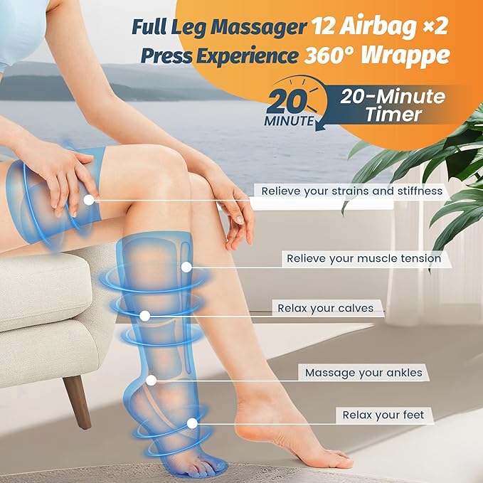 Leg Air Massager with Heat &amp Compression Calf Thigh Foot Massager for Circulation Relaxation Pain Relief - 6 Modes 3 Intensity Levels 3 Heat Levels