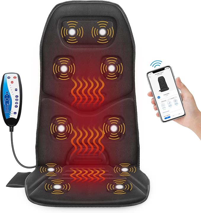 COMFIER Back Massager with Heat App Control Vibration Massage Seat Cushion 10 Motors &amp 3 Heat Levels Chair Massager Pad Gifts for MomDad Home Office UseBlack
