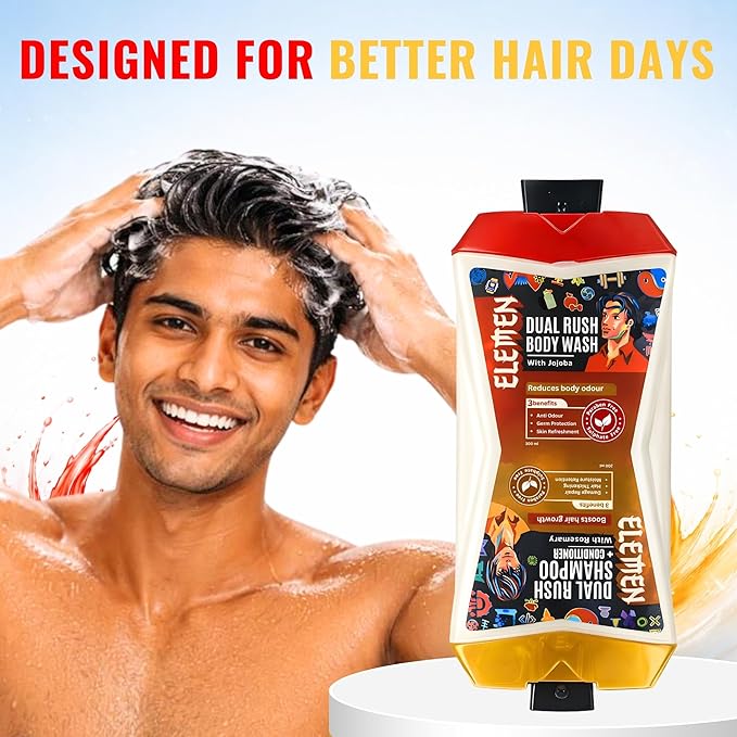 Elemen Dual Rush Flip Duo Bottle 500ml | Body Wash + Shampoo &amp Conditioner for Men | Daily Cleansing Body &amp Hair Care | Fresh &amp Strengthening Formula