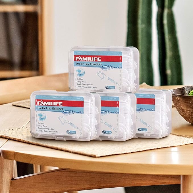 FAMILIFE Floss Picks Mint Dental Floss Picks with 4 Travel Handy Cases 240 Count Flossers and Double Line Flossers 200 Count Unwaxed Flossing Thinner and Tougher Unflavored Threader Flosser