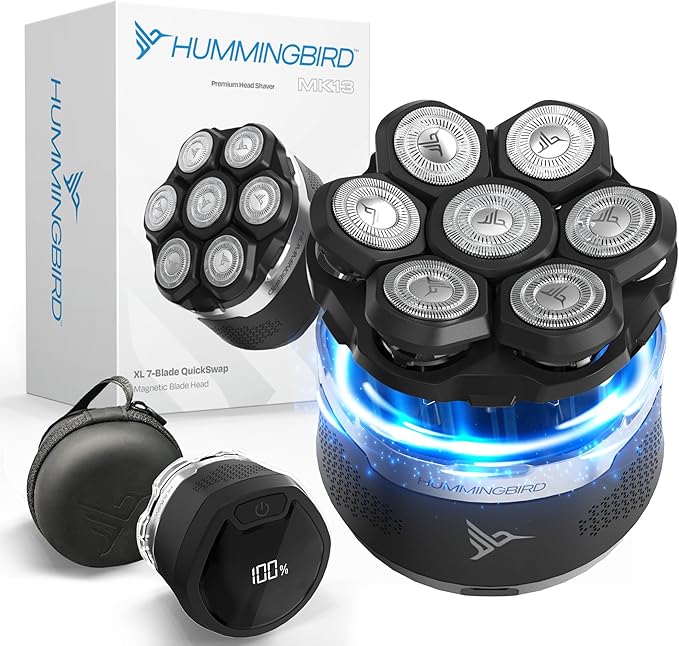 HUMMINGBIRD MK13 Premium Head Shaver - 7 Blade Electric Razors for Men Cordless USB-C Rechargeable Waterproof Head Shaver with Two Additional Magnetic Replacement Blades