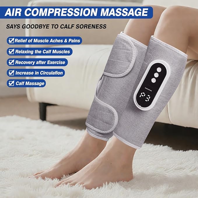 Air Compression Leg Massager Cordless Leg Compression Massager for Circulation with 3 Modes and Heat Easy to use Muscle Relaxation(Pair) (Grey)