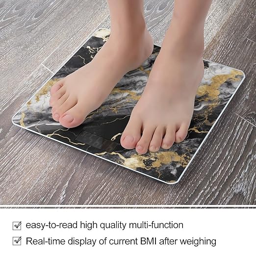 Black White Gold Foil Marble Scale for Body Weight High Precision Digital Weight Scales with LCD Display Anti-Slip Sturdy Slim Tempered Glass Bathroom Scale for Home Use