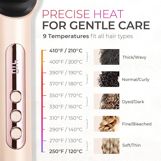 TYMO Ring Plus Ionic Hair Straightener Brush - Straightening Comb with Negative Ions for Women Titanium Coating 9 Temp Settings &amp LED Display Dual Voltage Professional Styling Tools Gold Blus