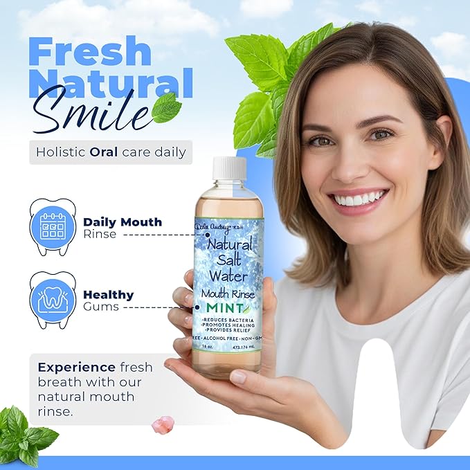 3 Pack Natural Saltwater Mouth Rinse | Himalayan Pink Salt Water Oral Rinse | Organic Refreshing Mint Flavor Fluoride &amp Alcohol Free Mouthwash for Fresh Breath | Natural Gum Care Mouthwash-16 FL O