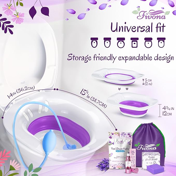 FIVONA Yoni Care Kit 6 in 1 - pH Balanced Natural Yoni Oil Herbal Soap Bar for Feminine Wash Detox V Steam Herbs Blue Moon Foldable Sitz Bath Steam Pot Hand Flusher and Drawstring Storage Bag