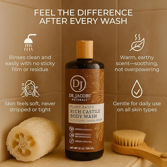 Dr. Jacobs Naturals Pure Castile Soap Liquid Body Wash Sandalwood - Plant Based Soap Infused with Vitamin E and Aloe Vera to Moisturize Dry and Sensitive Skin - Made in the USA - 32 oz Pack of 2