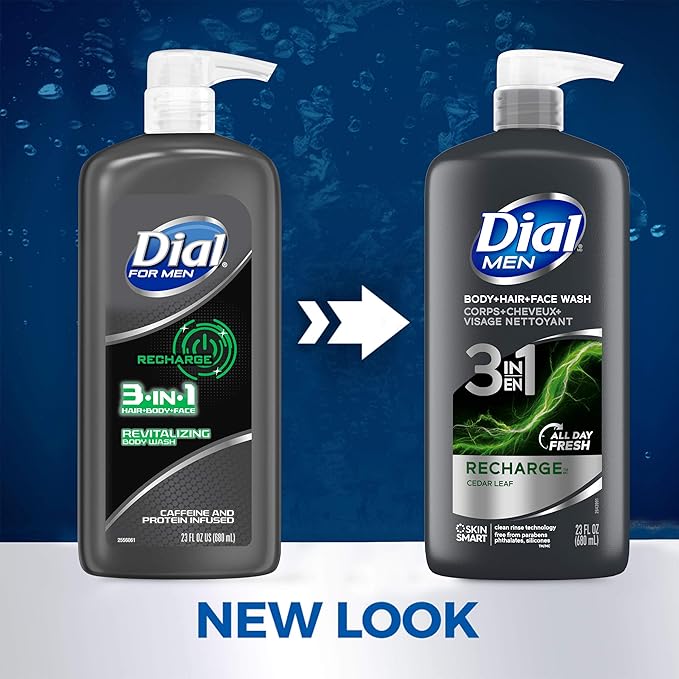 Dial Men 3in1 Body Hair and Face Wash Ultimate Clean 69 fl oz (3-23 fl oz Bottles) &amp Men 3in1 Body Hair and Face Wash Recharge 69 fl oz (3-23 fl oz Bottles)