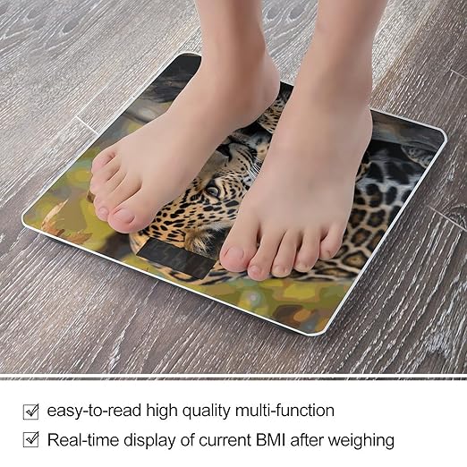 African Leopard Bathroom Scale for Body Weight Bathroom Digital Electronic Weighing Scale with Back Lit LED Display Sturdy Tempered Glass Weight Watchers Scales 400lb