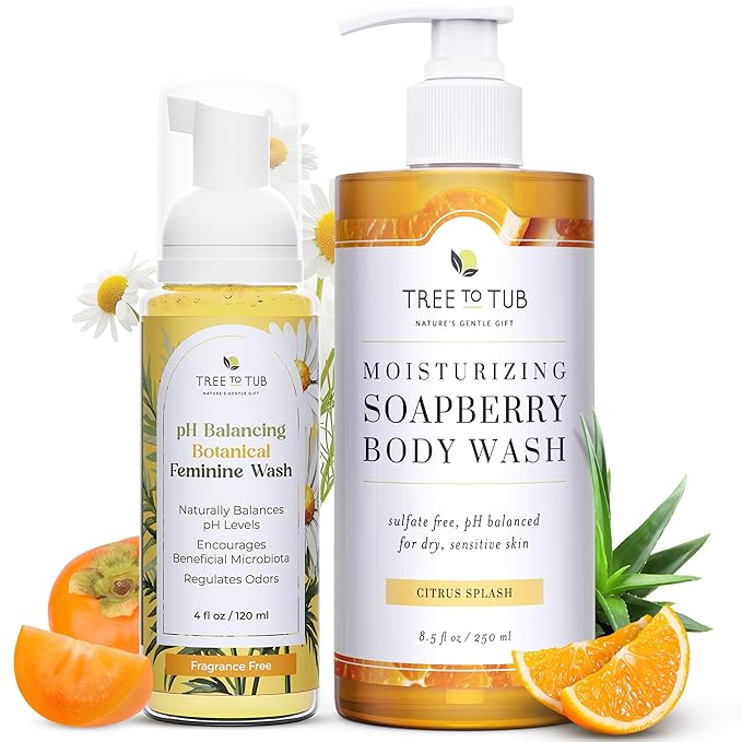 Tree to Tub Botanical Feminine Wash &amp Moisturizing Body Wash Bundle – Gentle Daily Cleansers with Soapberry Rose Water Persimmon Aloe &amp Shea Butter for Delicate Skin and Intimate Care