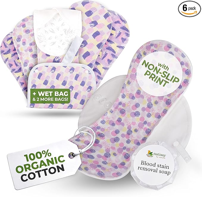 Non-Slip High Absorbency Reusable Period Pads for Heavy Flow (6 Pack L+XL) - Leak Proof &amp Odor Free Cotton Cloth Pads for Women - High-Temp Washable Breathable &amp Skin-Safe for Menstrual Comf