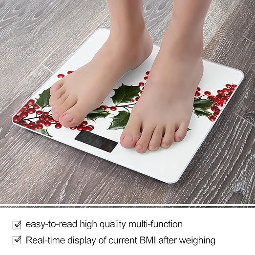 Holly Berry Branches Scale for Body Weight High Precision Digital Weight Scales with LCD Display Anti-Slip Sturdy Slim Tempered Glass Bathroom Scale for Home Use
