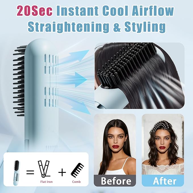 Cordless Hair Straightener Brush-Portable Mini Straightening Comb Rechargeable Battery Powered for Travel - Cool curl Airflow Styler- 30s Fast Heating -LCD Display