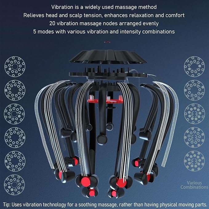 Electric Scalp Massager - Octopus Head Massager Stress Relax 20 Claw Multi-Configuration Array Vibrating Nodes 5 Modes Bluetooth Music Hair Scalp Relaxation Fatigue Relief