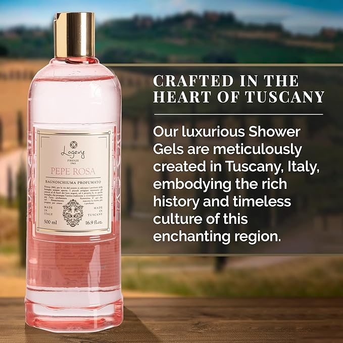 Logevy Pepe Rosa Shower Gel – Indulgent Pink Pepper Aroma Made from the Best Skin-Friendly Ingredients Rich in Nutritional Properties for Rejuvenating Hydrating and Soothing Action – 500ml
