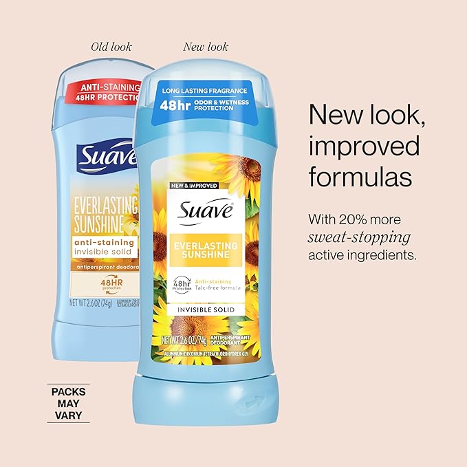 Suave Antiperspirant Deodorant For Women Invisible Underarm Deodorant 48hr Odor &amp Wetness Protection Everlasting Sunshine Sensitive Skin Deodorant Solid Stick 2.6 oz (12 Bulk Pack)