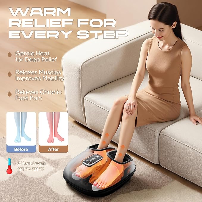 Foot Massager with Heat Vibration &amp Rolling Compression - Plantar Fasciitis Relief Neuropathy Pain Relief Fits Size up to 13 Multiple Modes Ideal Gifts for Men/Women