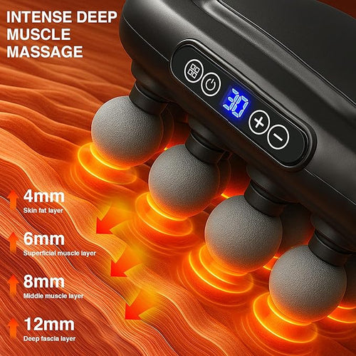 16 Head Massage Gun Deep Tissue Multi-Head Percussion Massager with 30 Speeds &amp 3 Modes Red Light Therapy Muscle Massager for Back Legs Waist Buttocks Quiet Powerful Body Massager Gray